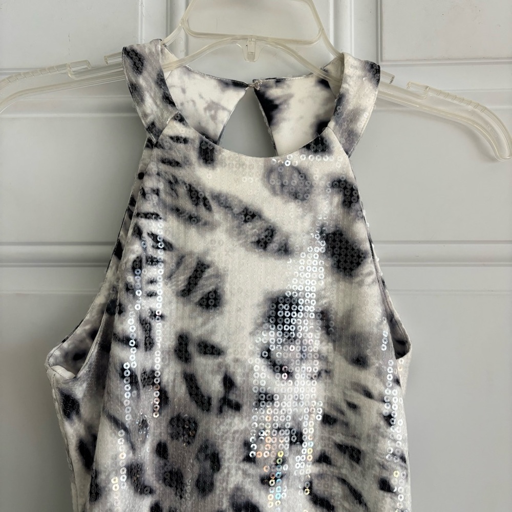 NWT Parker White and Black Leopard Sequin Halter Mini Dress, Size XS - Picture 5 of 15
